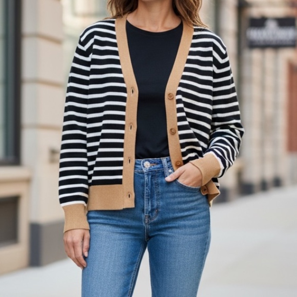 Ann Taylor Factory Black & White Striped Cardigan with Tan Trim